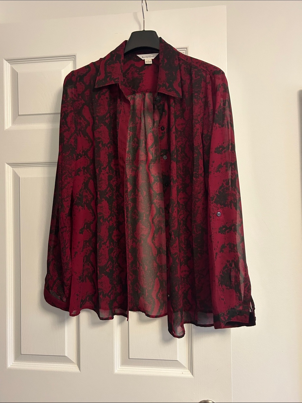 Northern Reflections Red and Black Abstract Sheer Blouse